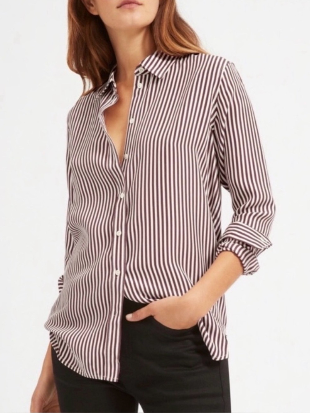 Everlane relaxed silk button down shirt maroon white size 4